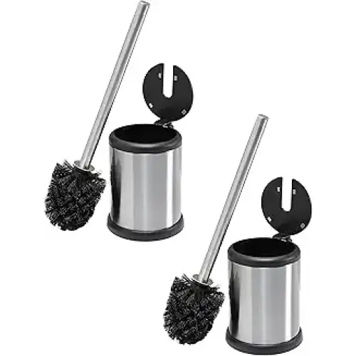 Bath Bliss Stainless Steel 2 Pack Self Closing Lid Toilet Brush and Holder Finger Print Proof Compact Small Space