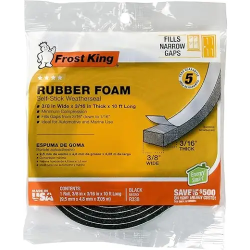 Frost King R338H Self-Stick Rubber Foam Weatherseal, 3/8"W, 3/16"T, 10 ft