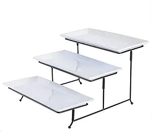 Gibson Home Gracious Dining Dinnerware, 3-Tier Rectangle Plate Set with Metal Stand, White