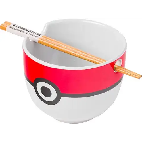 Silver Buffalo-Pokemon Pokeball Ceramic Ramen Noodle Bowl with Chopsticks Microwave Safe 20 Ounces - Dinnerware