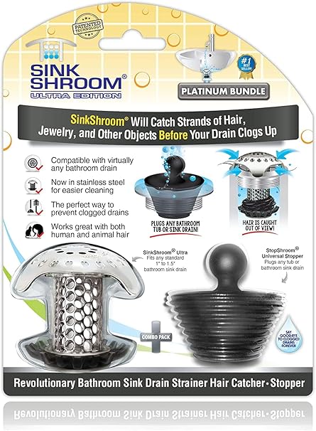 SinkShroom Ultra Revolutionary Bathroom Sink Drain Protector, Stainless Steel with Stopper