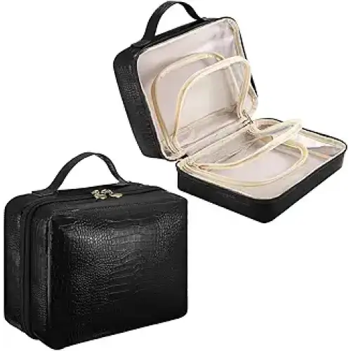 ZQQZAN Travel Makeup Bag - Large Capacity Cosmetic Bag with Makeup Brush Bag Leather Makeup Travel Bag Open Flat Makeup
