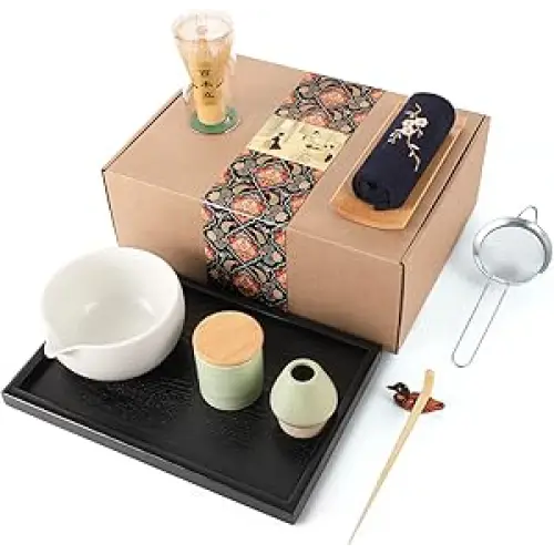 Artcome Japanese Matcha Tea Set Matcha Bowl with Pouring Spout Black Tea Tray Matcha Whisk Ceramic Whisk Holder Matcha