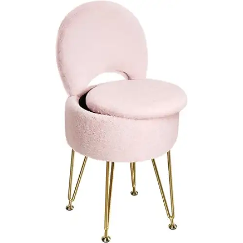 GREENSTELL Vanity Stool Chair with Storage and Folding Back, 13" x 13" x 17.7" Faux Fur Soft Ottoman, 4 Metal Legs with Anti-Slip Feet, Furry Padded Seat for Makeup, Bedroom, Pink