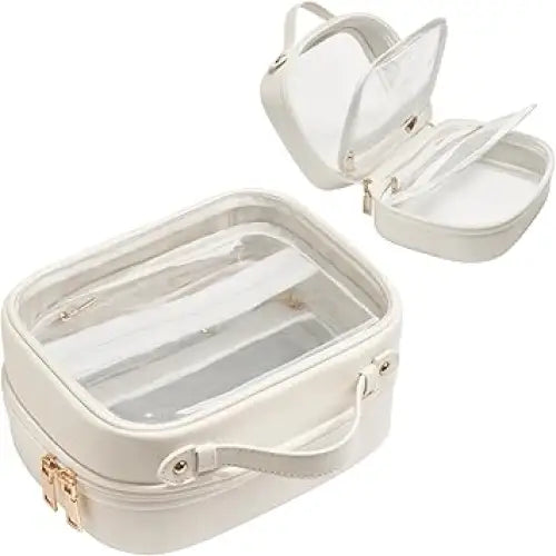 Oaque Clear Cosmetic Bag Double Layer Travel Toiletry Bag White Makeup Bag Case with 4 Compartments, Transparent Travel Bag for Toiletries, TSA Approved Toiletry Case for Women (White)