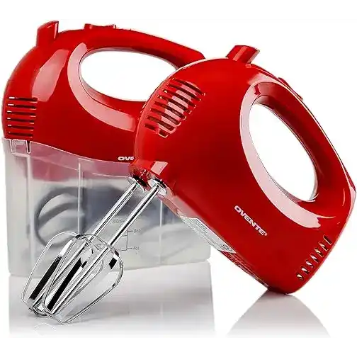 Red electric hand mixer with chrome beaters and a clear storage case.