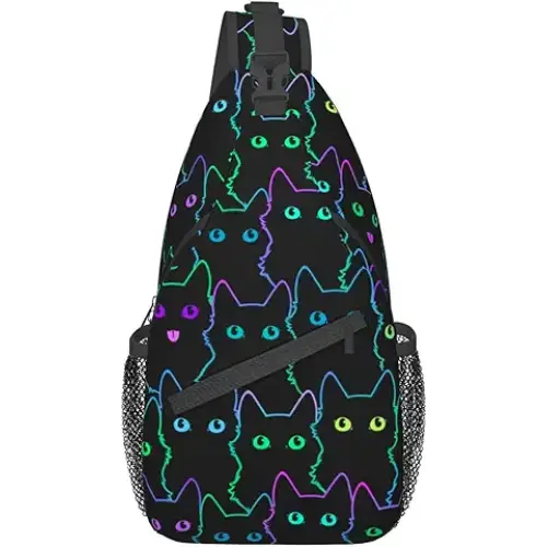 VOOHDDY Cute Cat Kitten Neon Sling Bag For Women Men Travel Hiking Backpack Crossbody Shoulder Chest Bags Casual